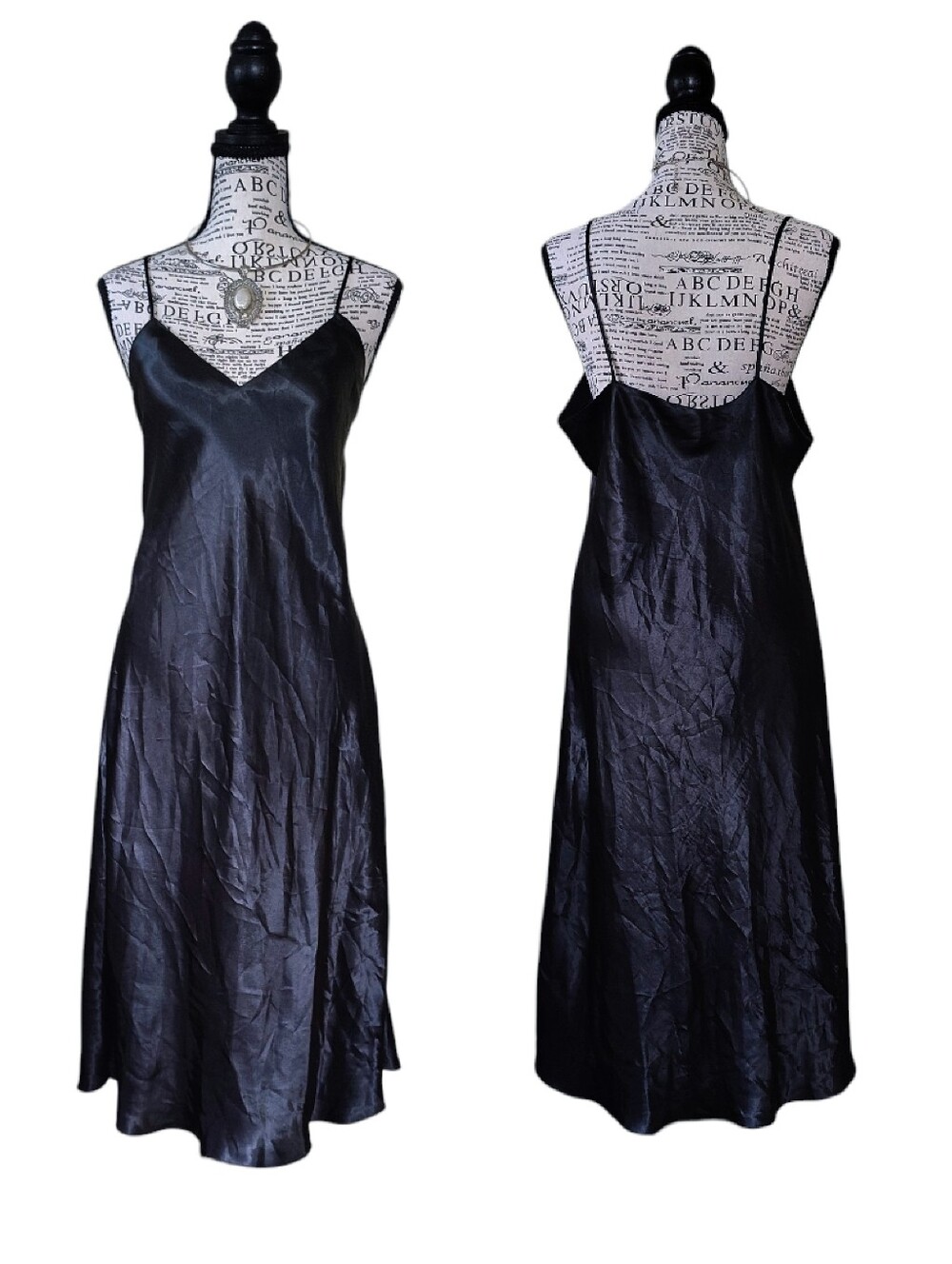 VTG 90s Elegant Black Satin Midi Slip Dress Large Boudoir Y2K Whimsigoth